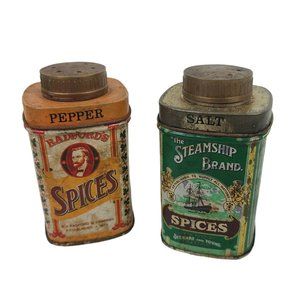 Vintage Radfords Tin Spice Containers Salt & Pepper Shakers Steamship Brand Logo